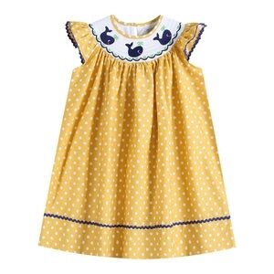 Mustard Dot Whale Smocked Bishop Dress Lil Cactus Southern Preppy Yellow